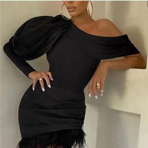 Club L London Black One-Shoulder Dress with Feather Detail